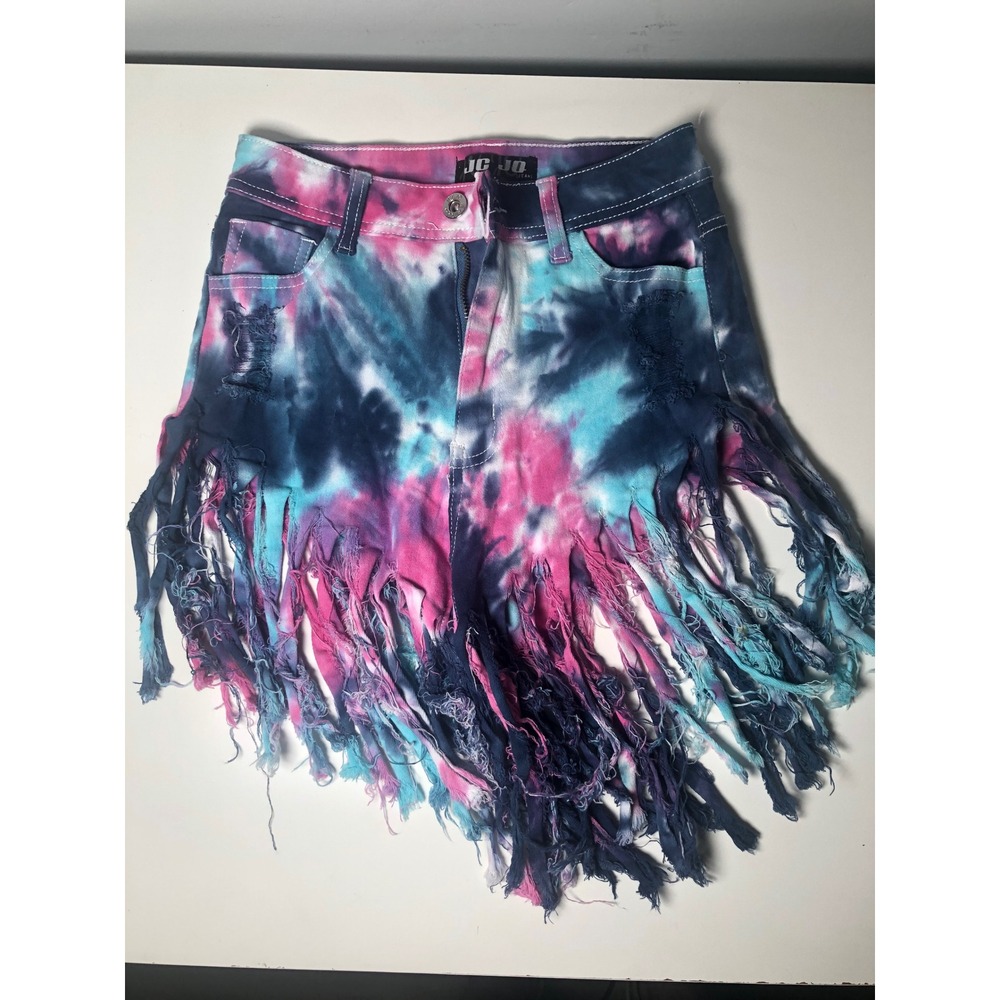 JC & JQ Denim Shorts Womens Medium Pink Blue Tie Dye Fringe Distressed GS2309-KO